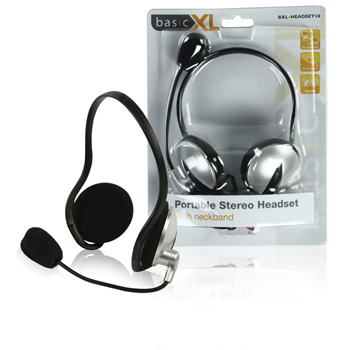 basicXL Portable Stereo Headset with Neckband, 2x3.5mm, Silver