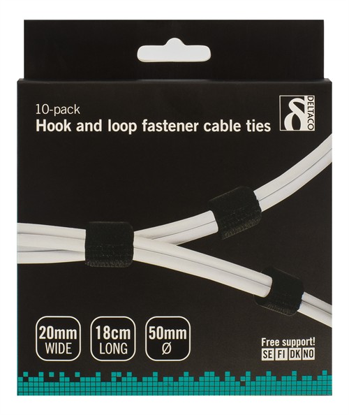 Deltaco Velcro Cable Ties, 180x21mm, 10 Pack, Black
