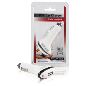 König USB Car Charger, USB A Female, 1000mA, White