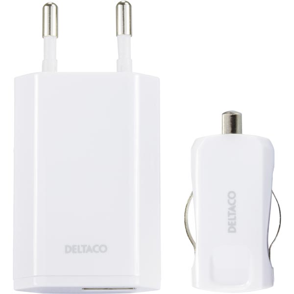 Deltaco Slim USB Charge Kit CAR and EU Wall Plug, 1A, White